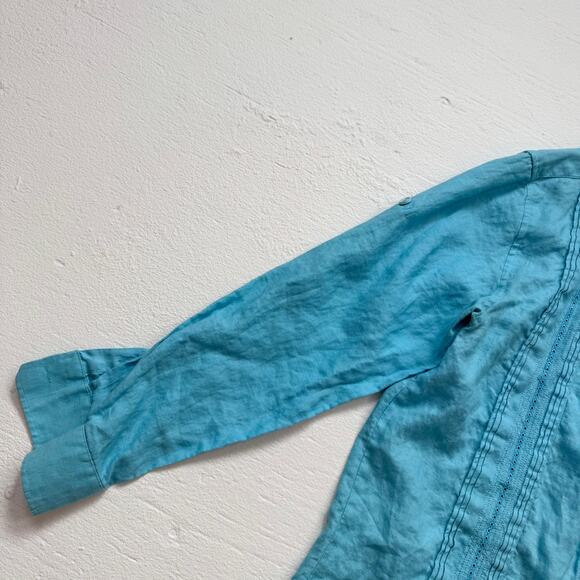 Bohio Blue Linen Button Up Pleated Embroidered Shirt, Size Medium - Picture 4 of 8